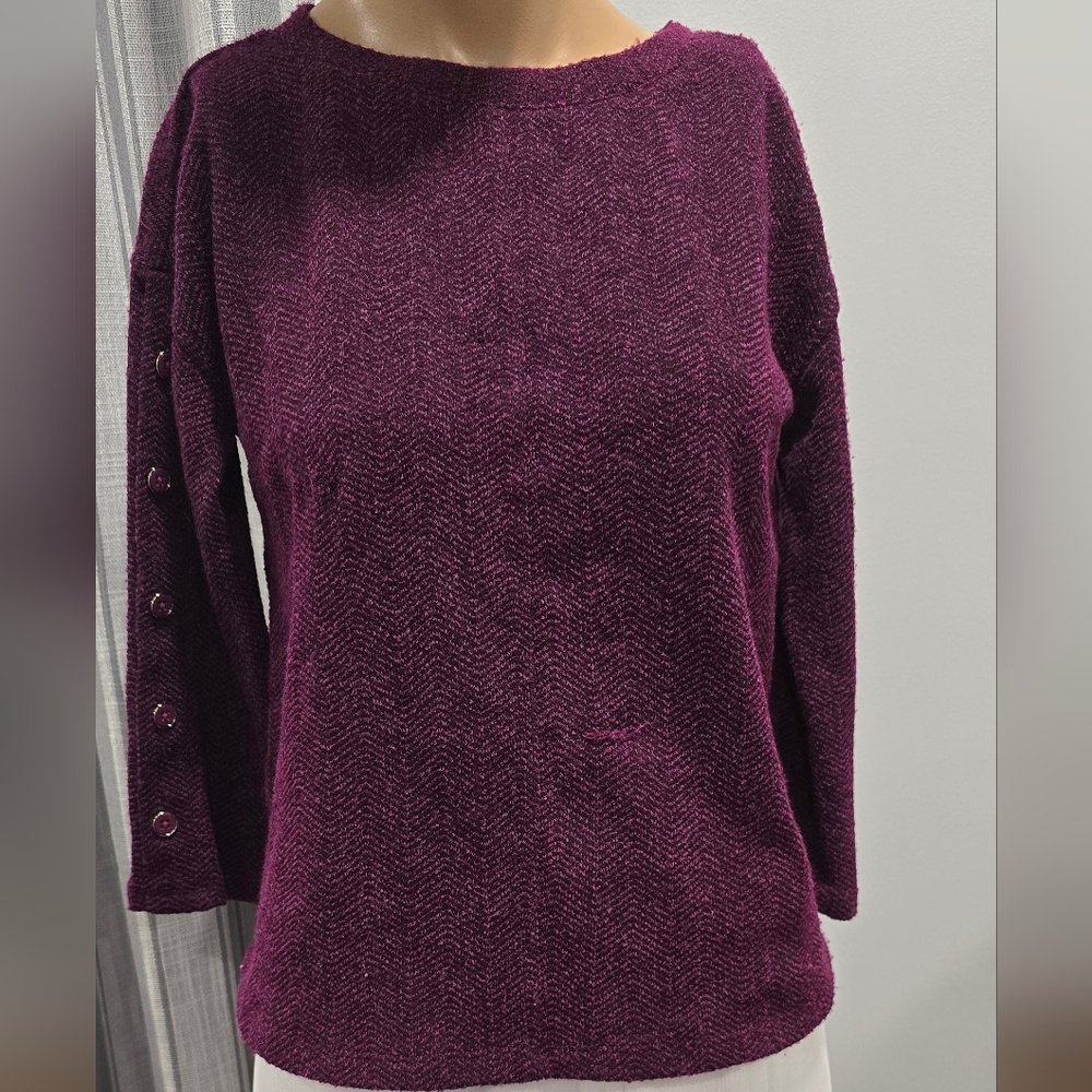 979 NWT Liz Claiborne Women Knit Plum Purple Sweater Buttons down 3/4 Slvs XS